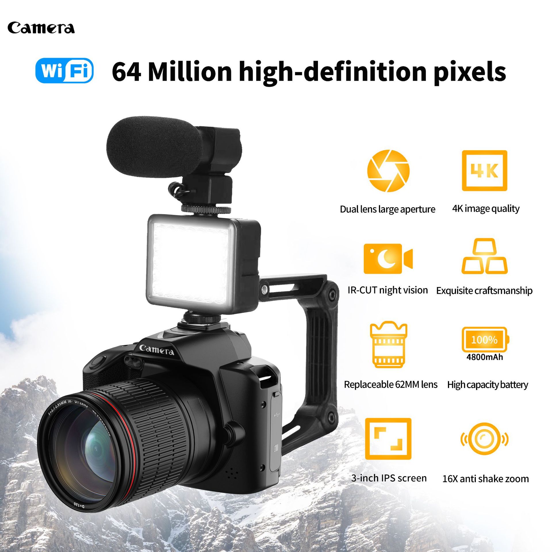 Новый продукт 64 миллиона пикселей D5 HD Wi -Fi Digital Camera 4K Dual -Camera Night Vision DV -камера -Борандером