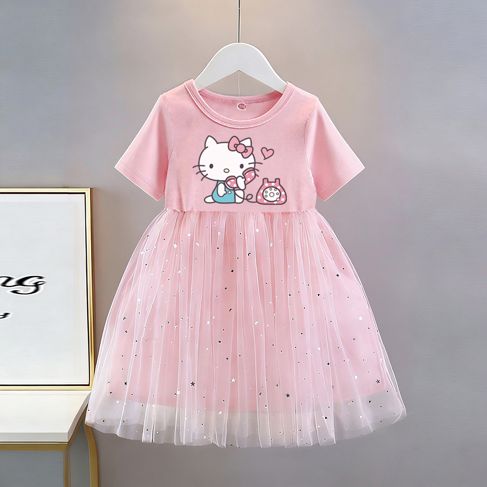 Hello kitty, летнее платье, наряд маленькой принцессы, юбка на девочку, Amazon, короткий рукав, детская одежда