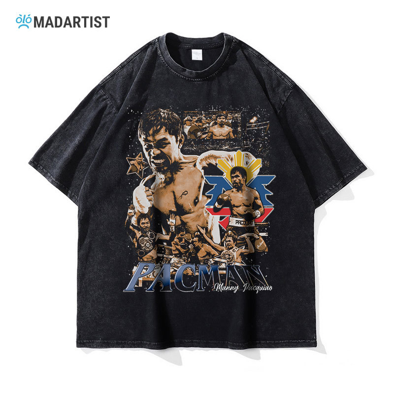 Boxer Pacquiao T -Fish Boxer Manny Pacquiao Short -Sleeed Water Plays как старая ретро -цифровая печать