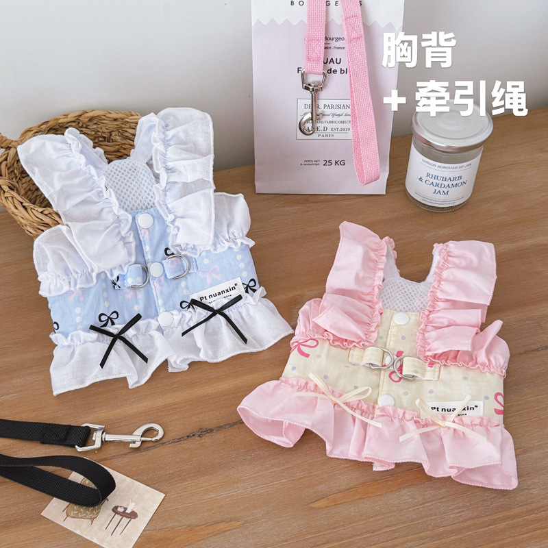 暖心宠儿宠物温柔风蓝白齐腰小胸背狗猫通用胸背可牵引花边公主裙