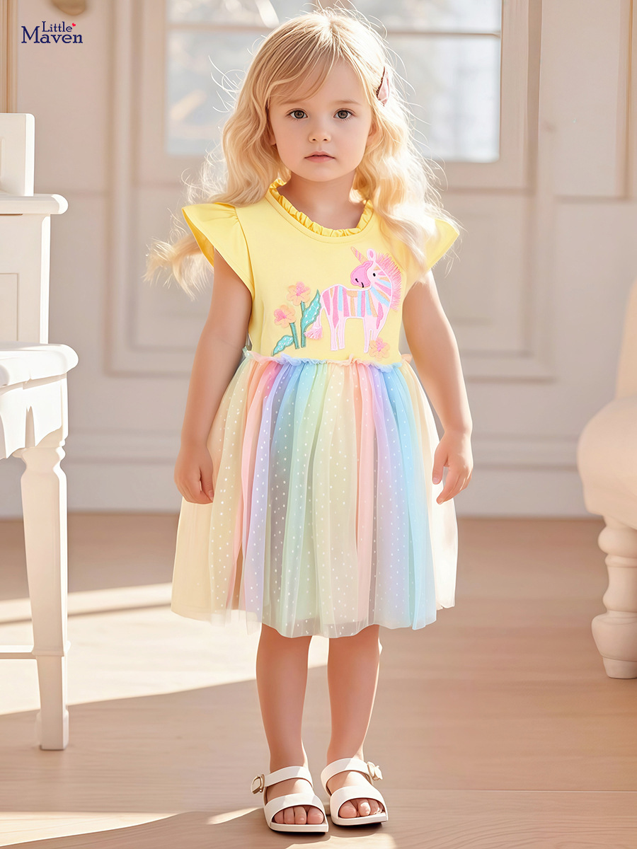 Little maven Хлопковый наряд маленькой принцессы, детское платье с коротким рукавом, европейский стиль