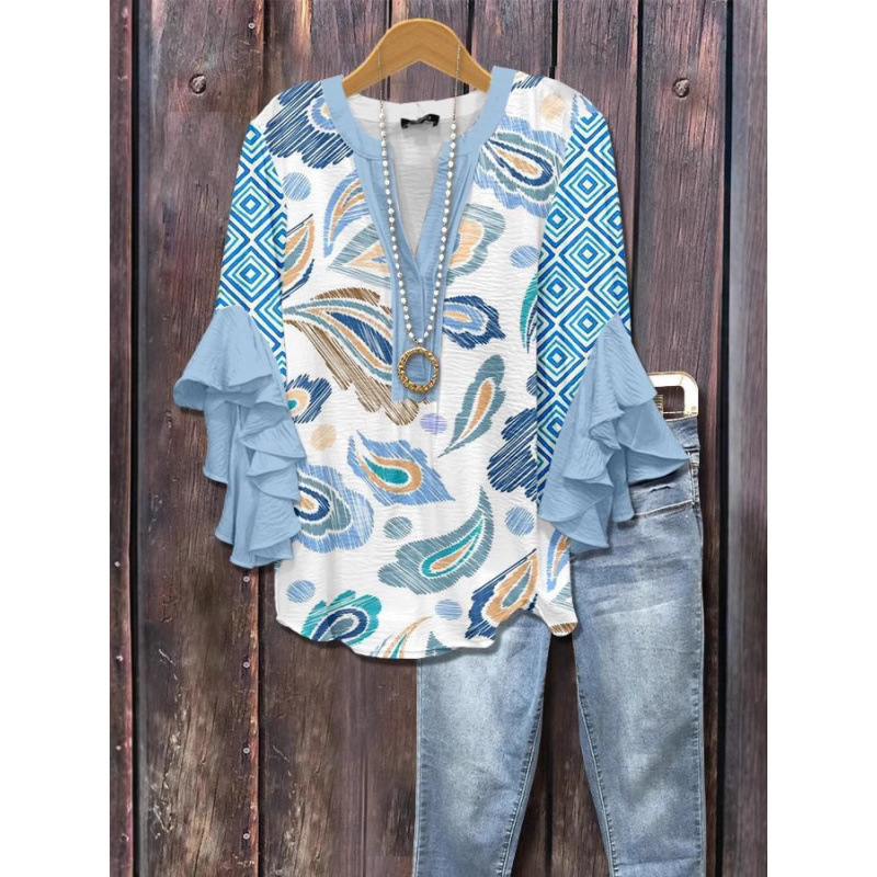 3D новый продукт Cross-Creative Creative Floral Elements Printed Digital Print Casual Trend V-образный футболка Lotus Top Top