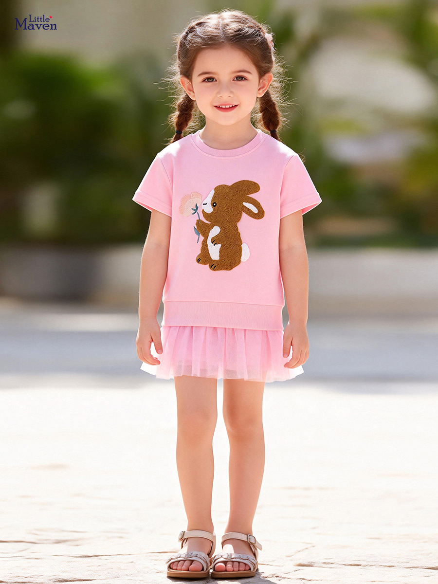 Little maven Летняя толстовка, платье, мультяшный детский кролик, короткий рукав, европейский стиль