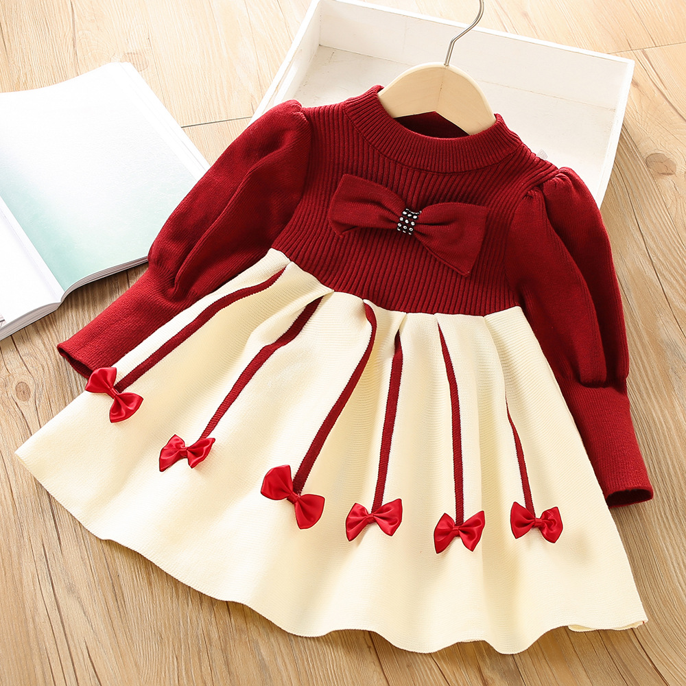 Детское трикотажное модное зимнее шерстяное платье с бантиком, в западном стиле, в корейском стиле, рукава фонарики